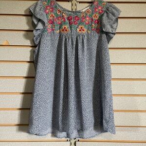 L Love Floral Embroidered Blouse Ruffle Sleeve Lightweight Top S